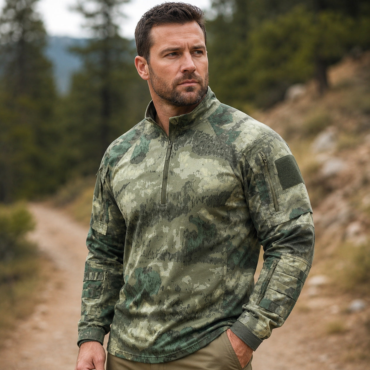 Man wearing a camouflage shirt in a forest setting