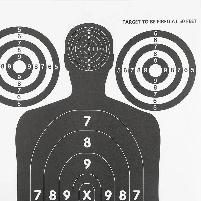 Paper silhouette target for precision shooting practice at 50 feet