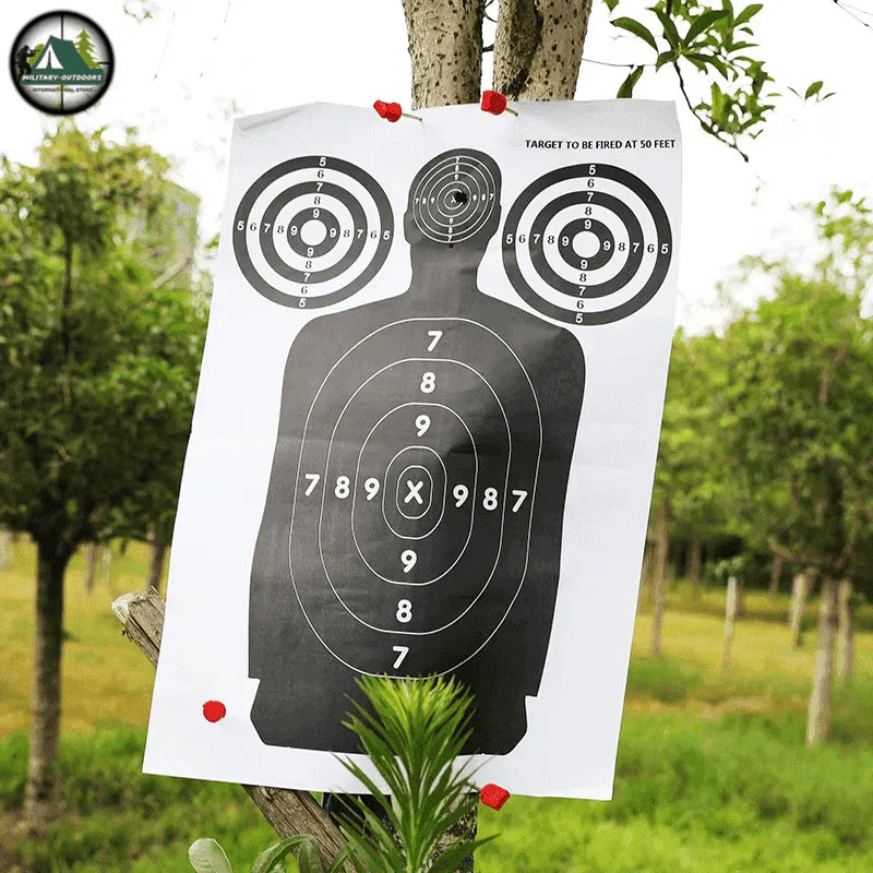 Paper silhouette target for shooting practice at 50 feet