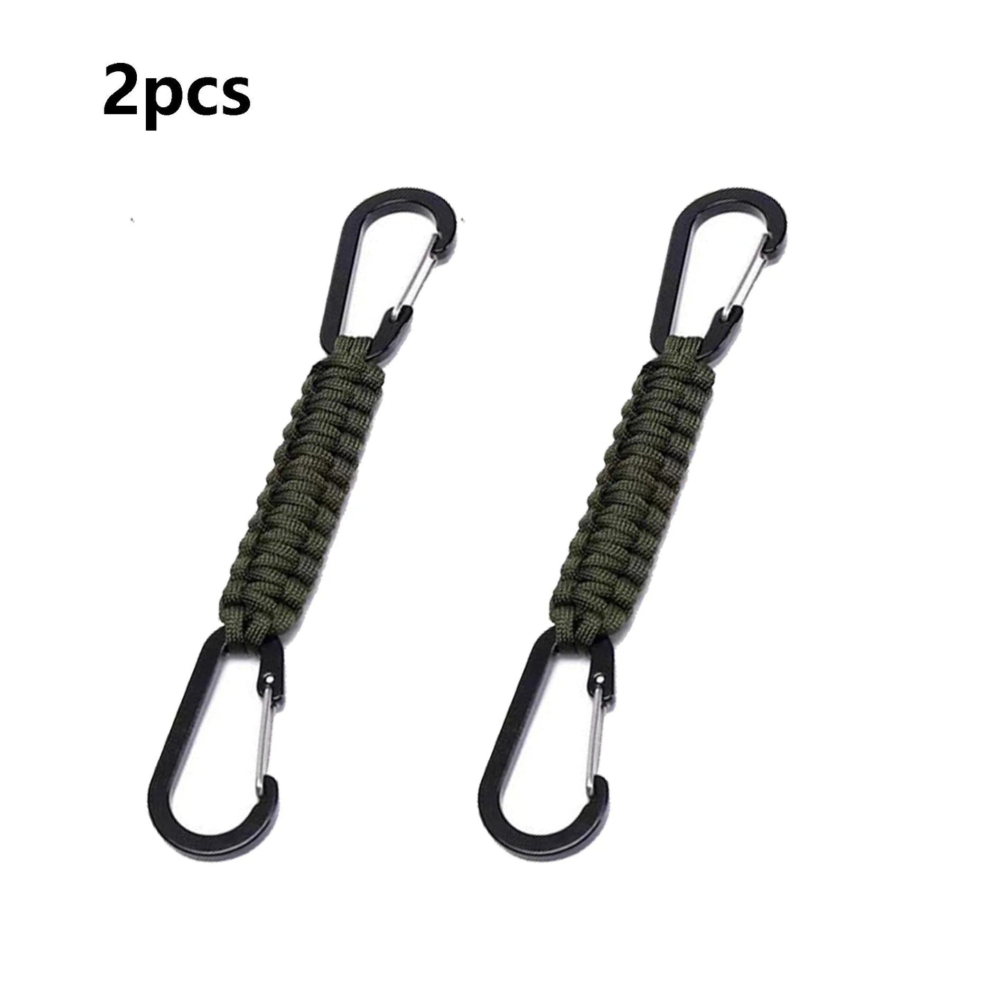 Set of 2 green paracord keychains with durable carabiner clips for outdoor use