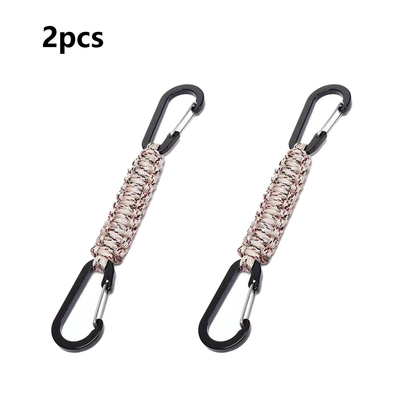 Two paracord keychains with durable carabiner clips for outdoor enthusiasts