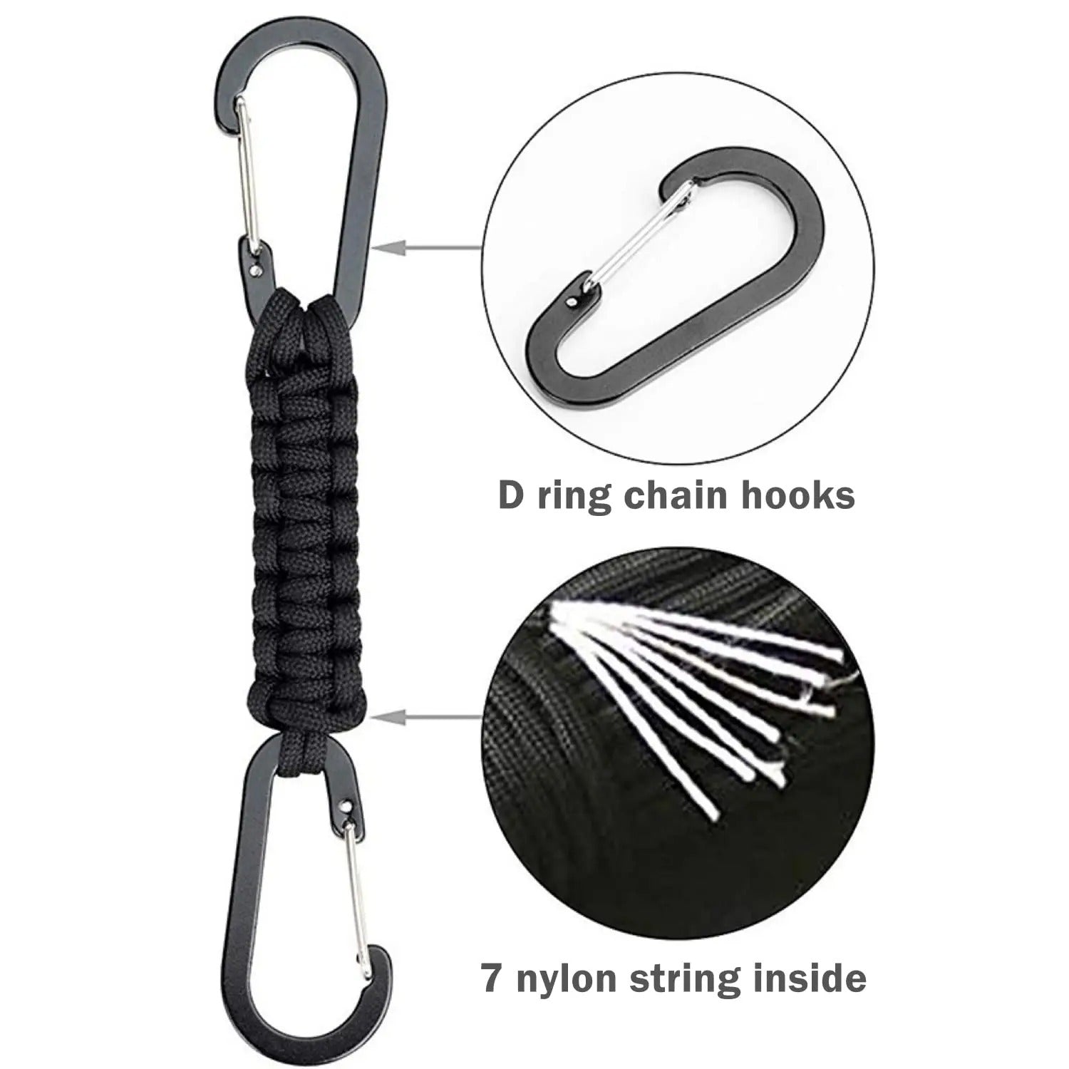 Durable paracord keychain with D ring hooks and 7 nylon strings for versatile use