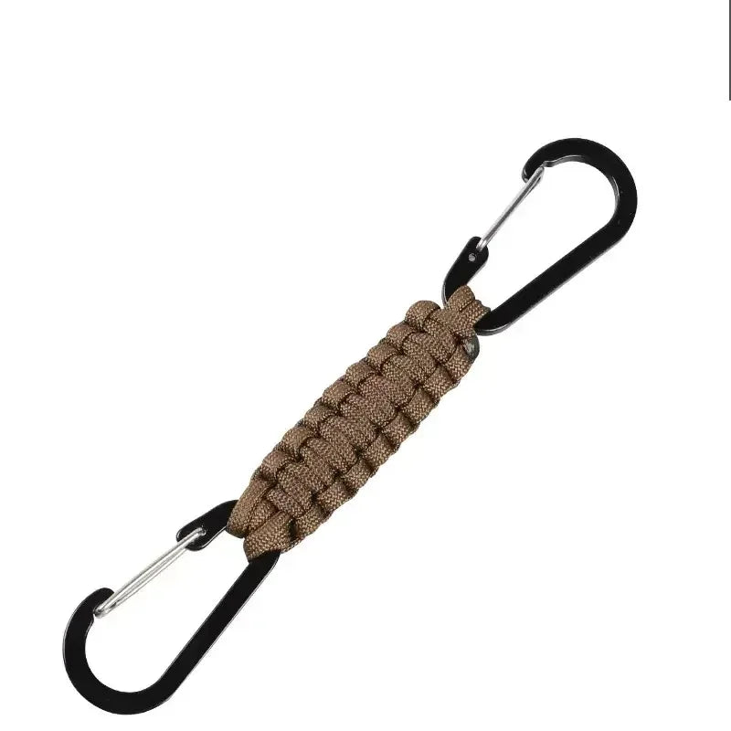 Brown paracord keychain with durable metal hooks for securing items