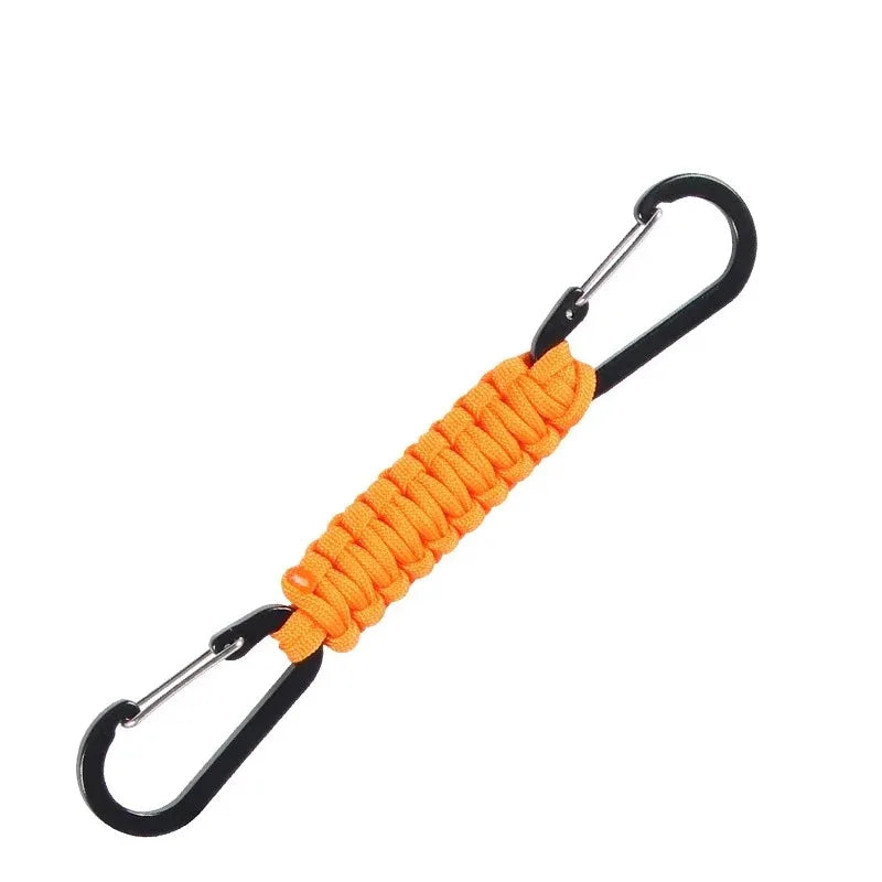 Orange paracord keychain with durable metal carabiners for outdoor use