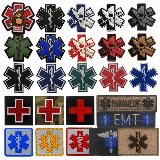 Collection of Paramedic uniform patch designs in various colors and styles
