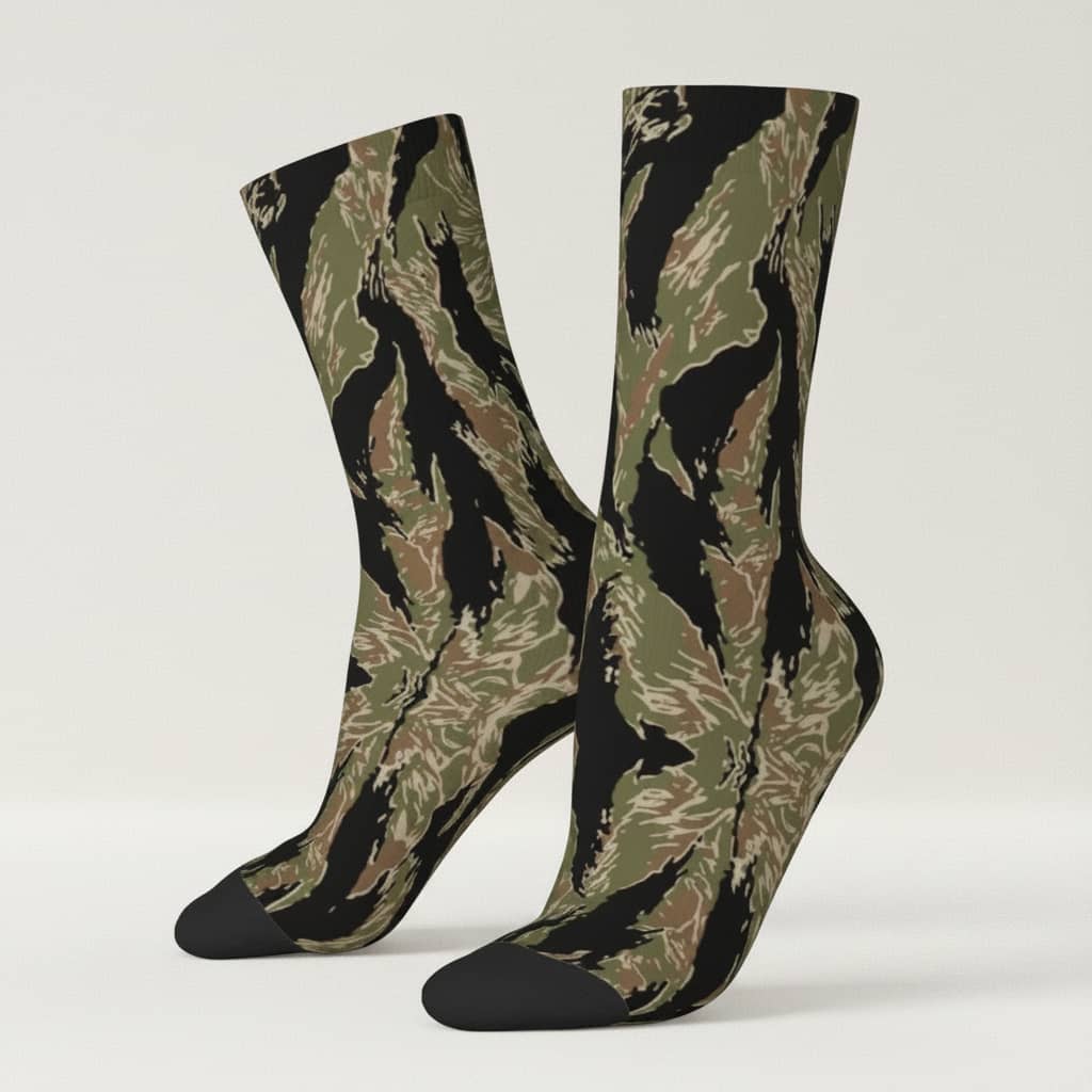 US Army crew socks in camo pattern for outdoor activities on a neutral background