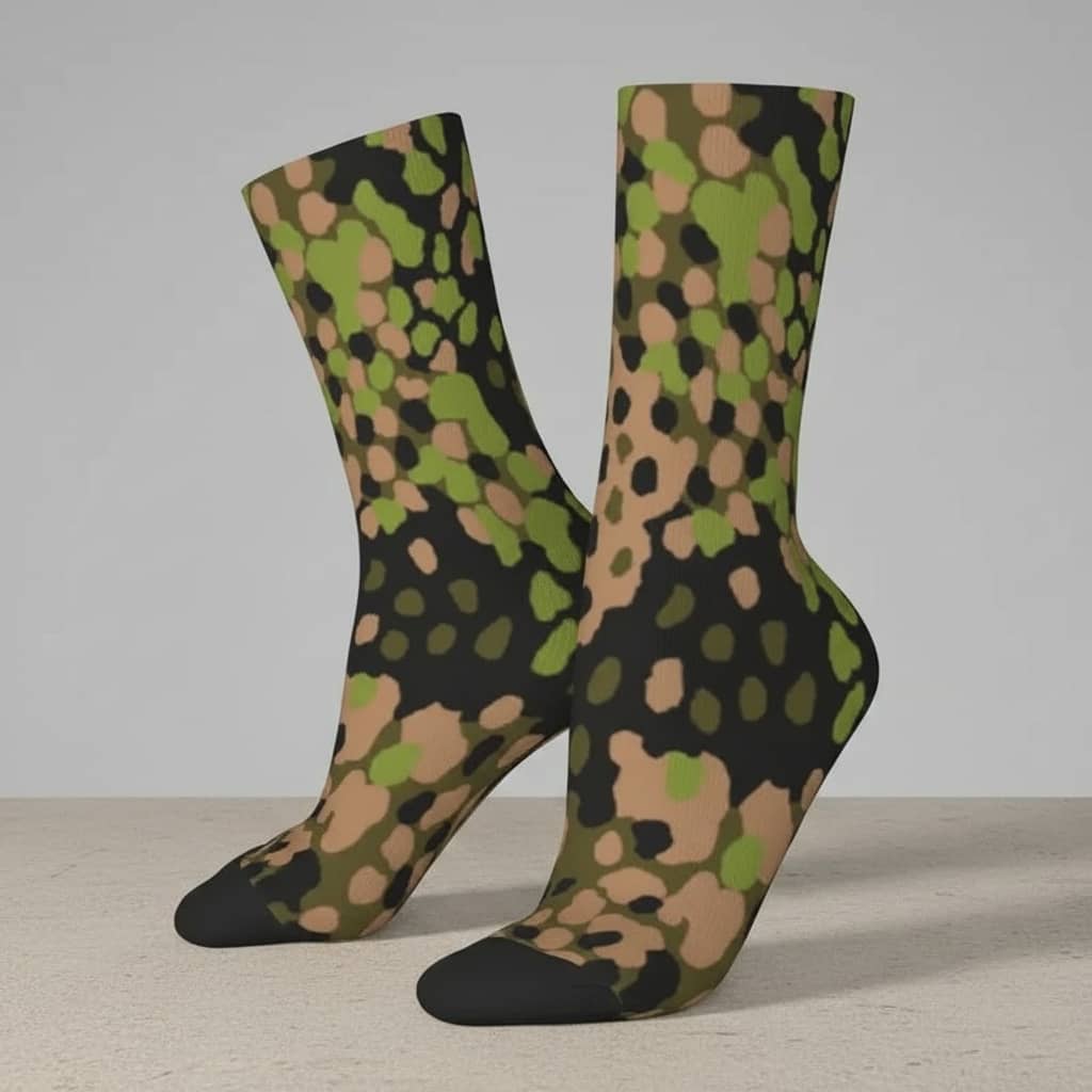 US Army crew socks in camo print, perfect for outdoor activities on a neutral background