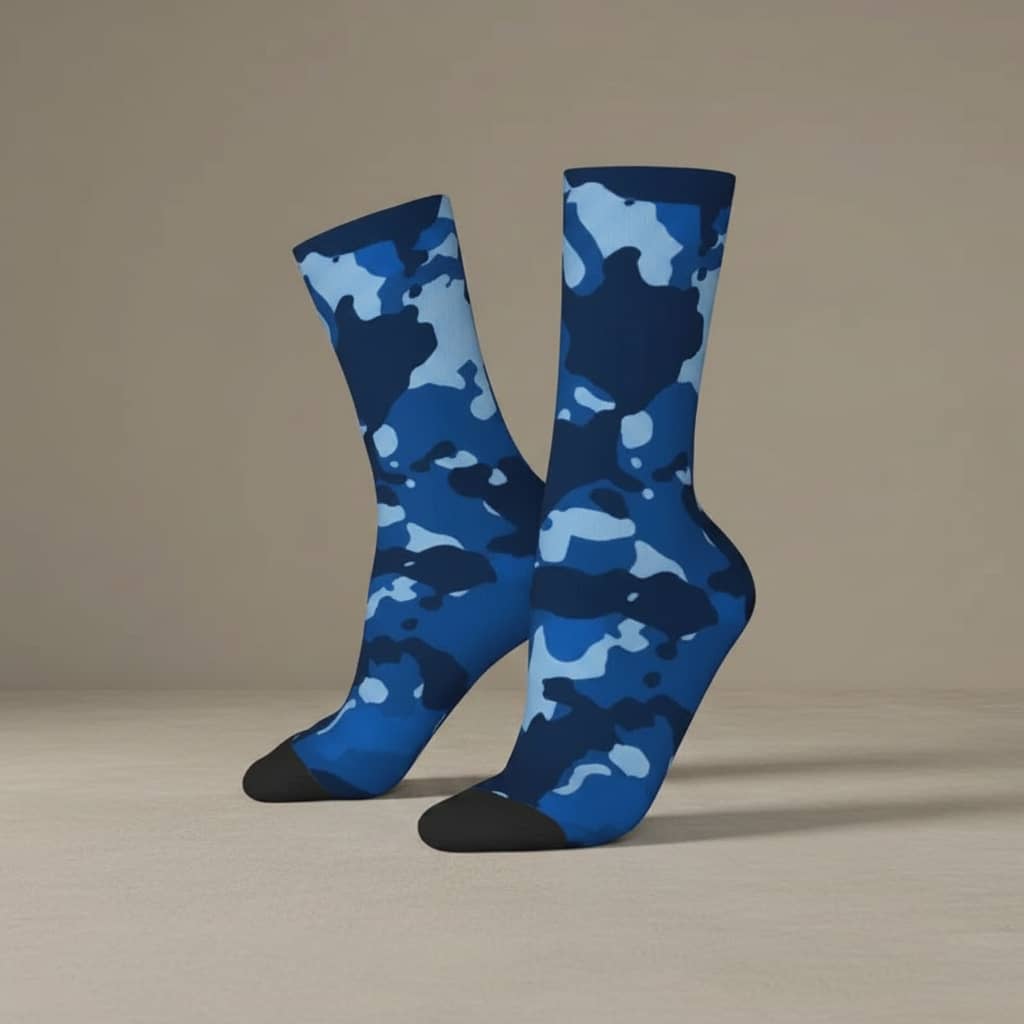 US Army crew socks in blue camo for tactical wear and comfort on a neutral background