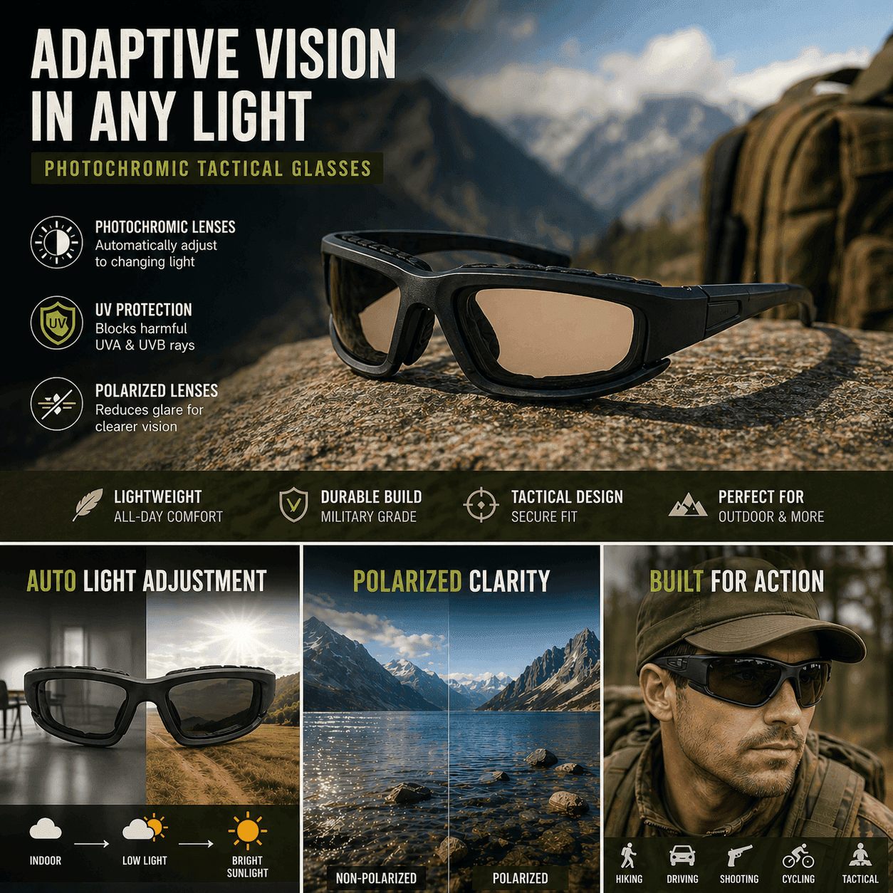 Photochromic polarized glasses with tactical design for outdoor activities