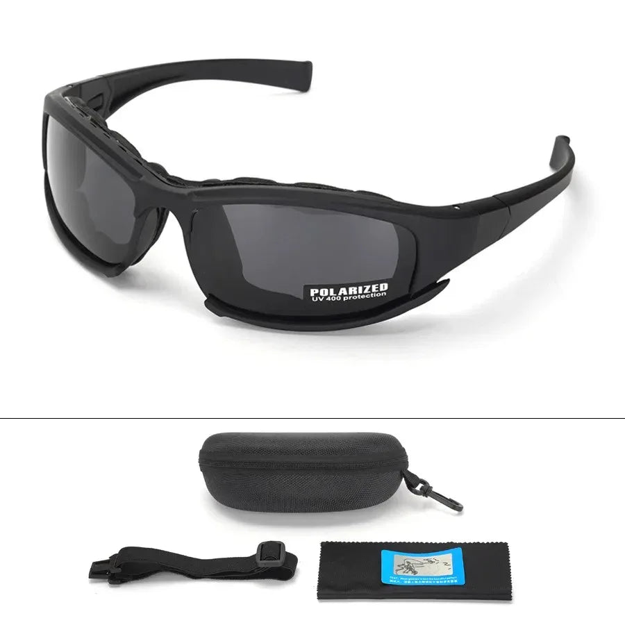 Black polarized army sunglasses with protective case and cleaning cloth