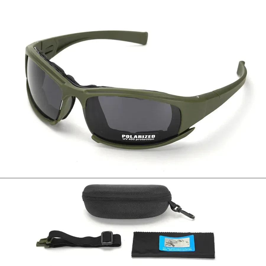 Polarized army sunglasses in olive green with protective case and strap