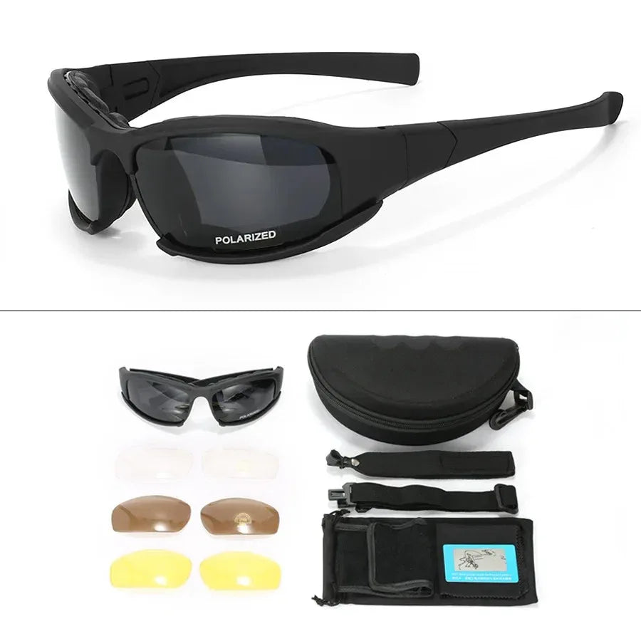 Black polarized army sunglasses with interchangeable lenses for outdoor activities