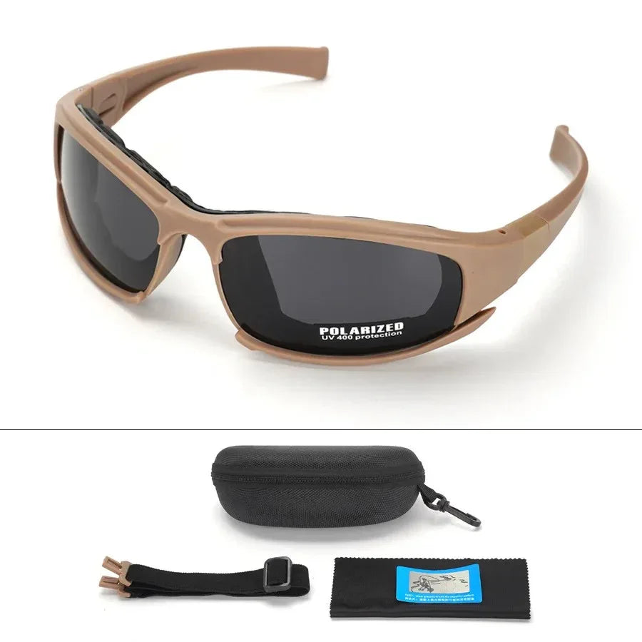 Polarized army sunglasses in tan with anti-fog lenses and carrying case