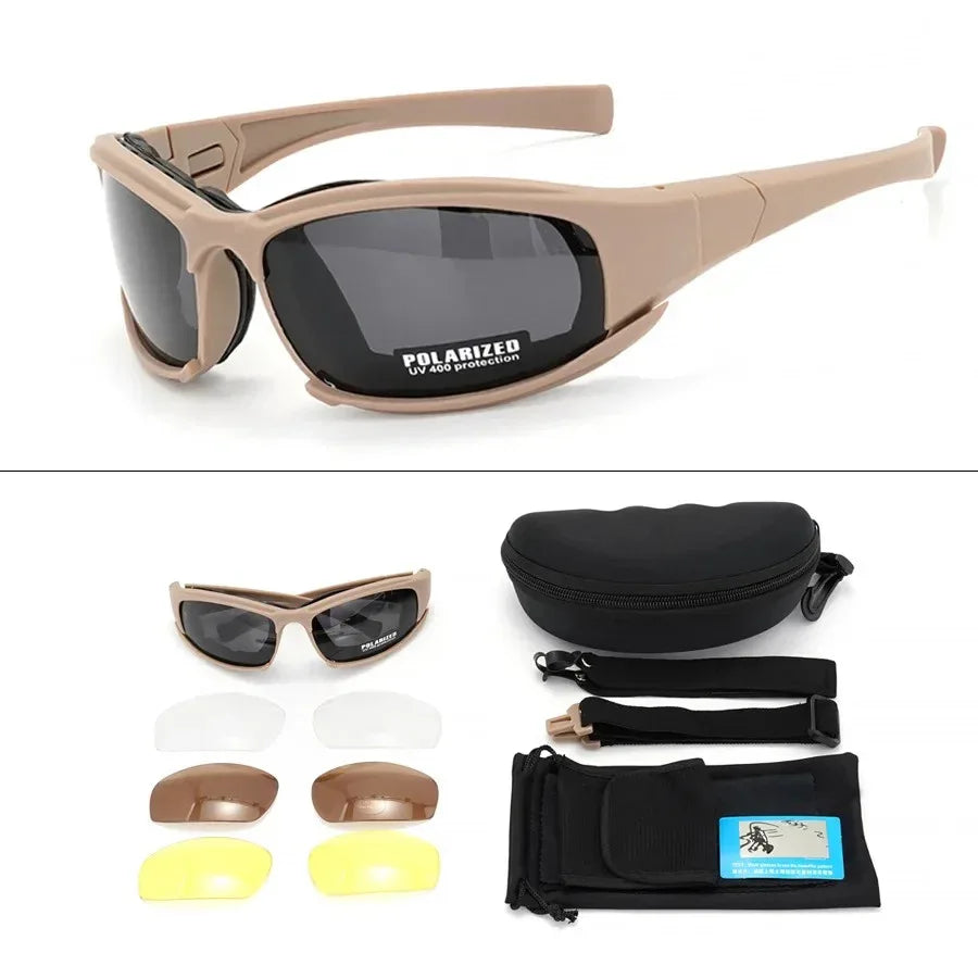 Polarized army sunglasses in tan with interchangeable lenses for outdoor activities