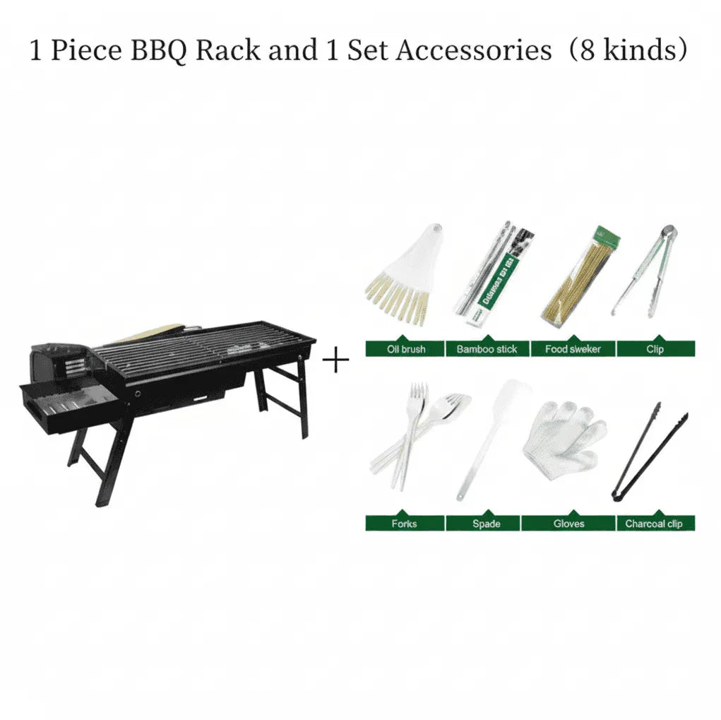 Portable charcoal barbecue grill with BBQ rack and eight accessories