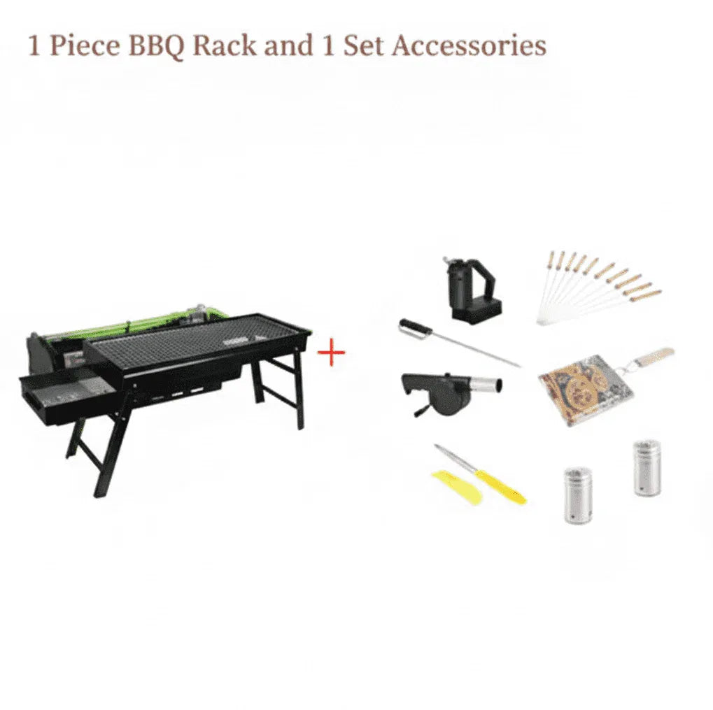 Portable charcoal barbecue with BBQ rack and accessory set for outdoor cooking