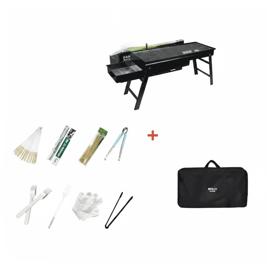 Portable charcoal barbecue with grilling tools and carrying case for outdoor cooking