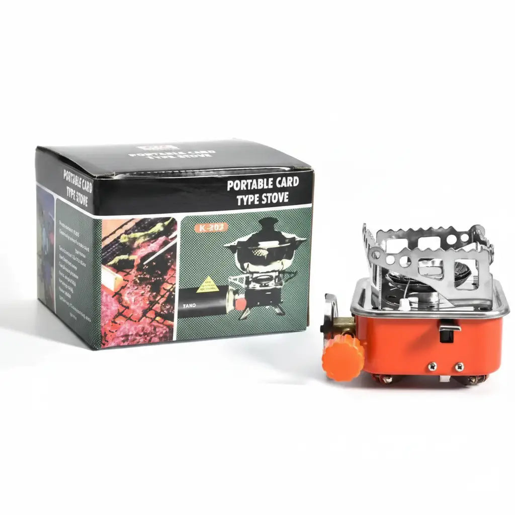 Portable gas stove in orange with compact design for outdoor cooking