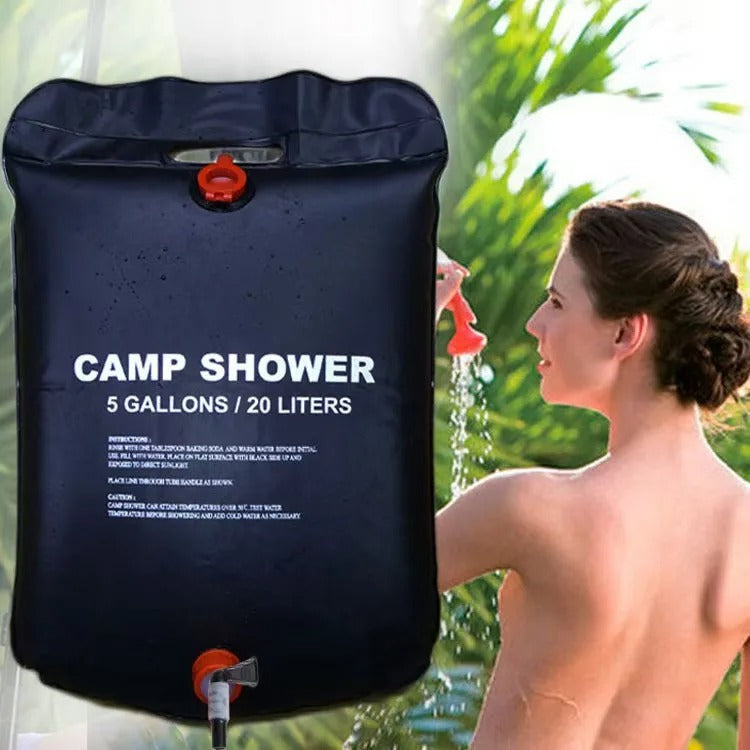 Black portable solar shower bag with 5 gallons capacity for outdoor use
