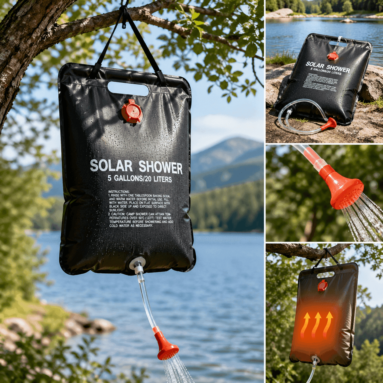 Portable solar shower bag in black for outdoor camping showers