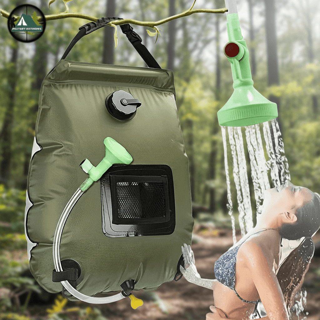 Portable solar shower bag in green for outdoor camping and easy solar heating