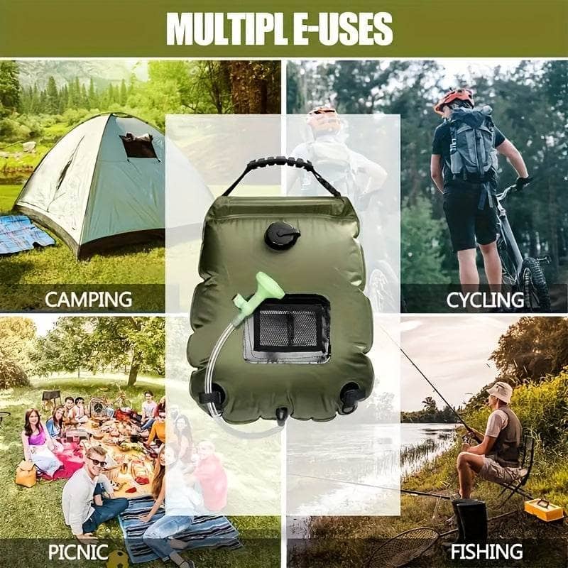 Portable solar shower bag in green for outdoor camping and picnics