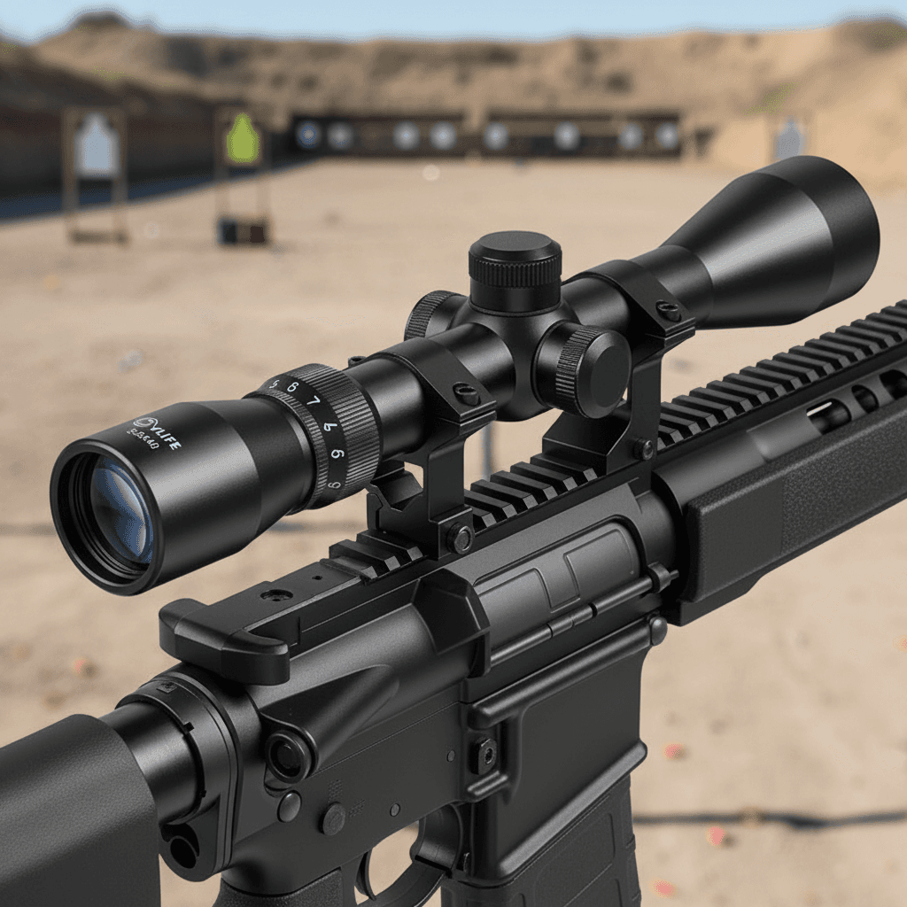 Black tactical rifle scope for precision shooting on a sniper rifle