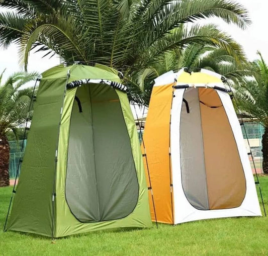 Instant privacy tent shower in green and orange for outdoor use