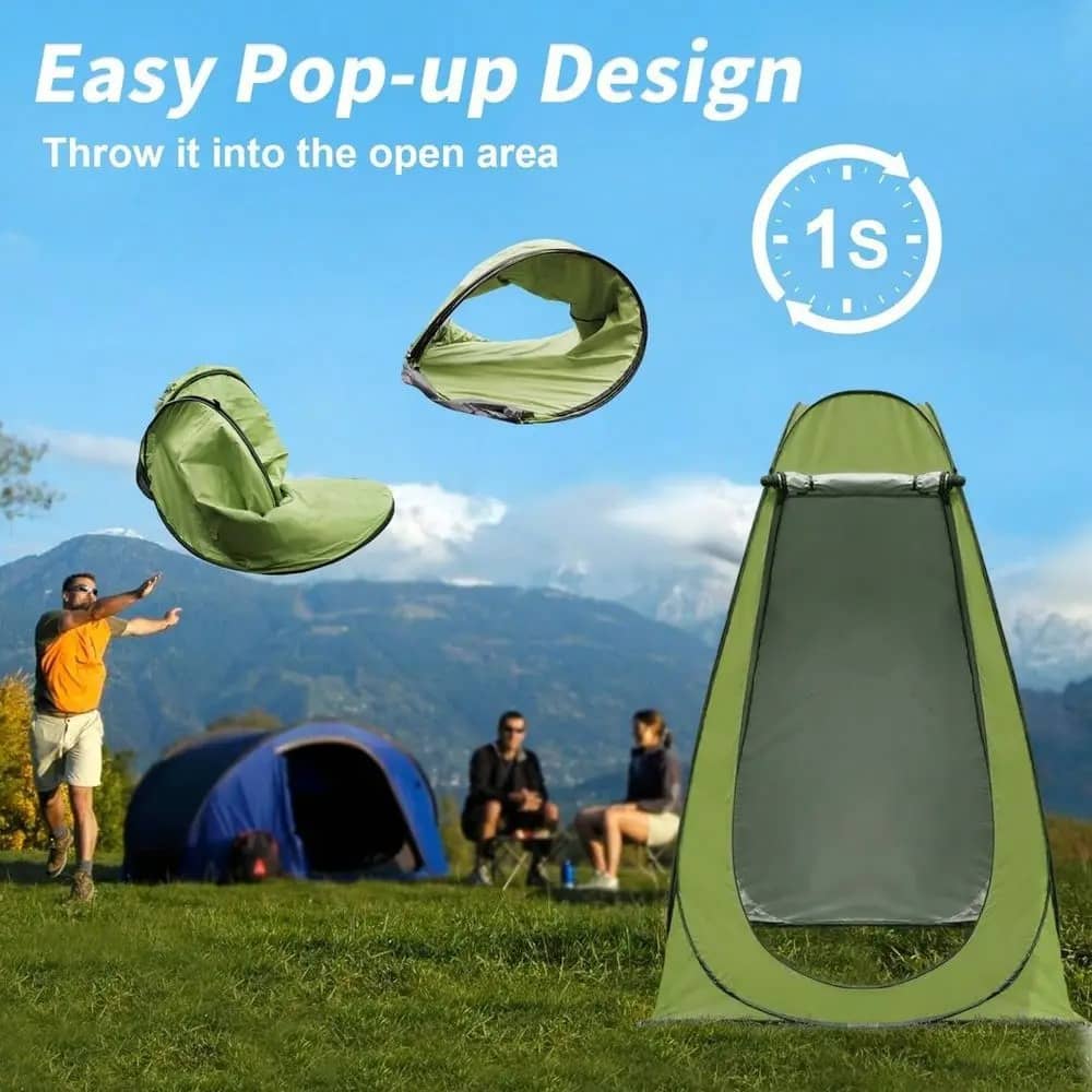Green privacy tent shower with easy pop-up design for outdoor use