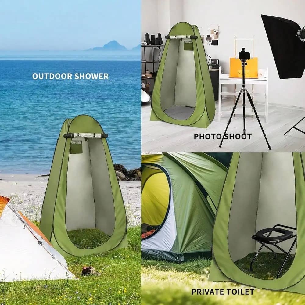 Green privacy tent shower for outdoor use, photo shoots, and private toilet.