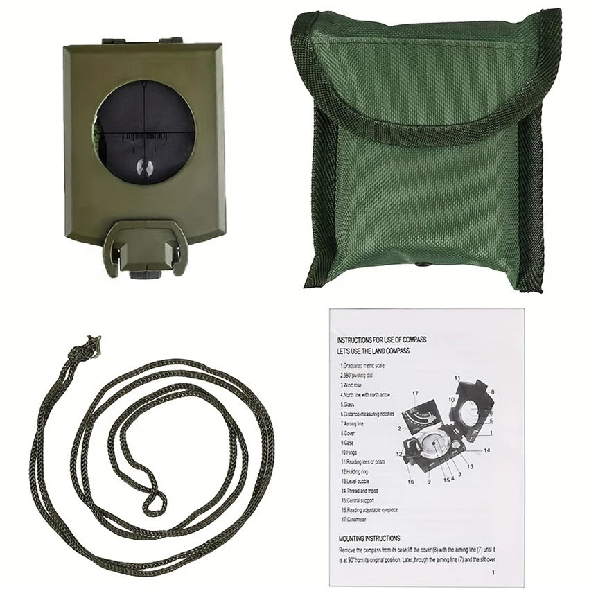 Professional outdoor compass in green with durable carrying case and usage instructions, ideal for navigation.