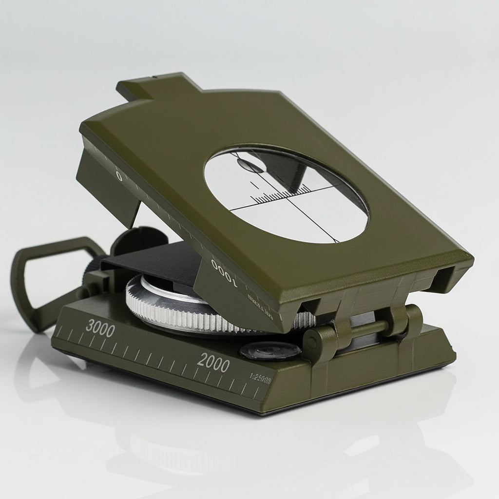 Professional outdoor compass in olive green with precise measuring features