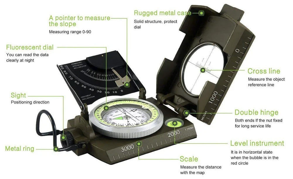 Professional outdoor compass with fluorescent dial and rugged metal design for navigation