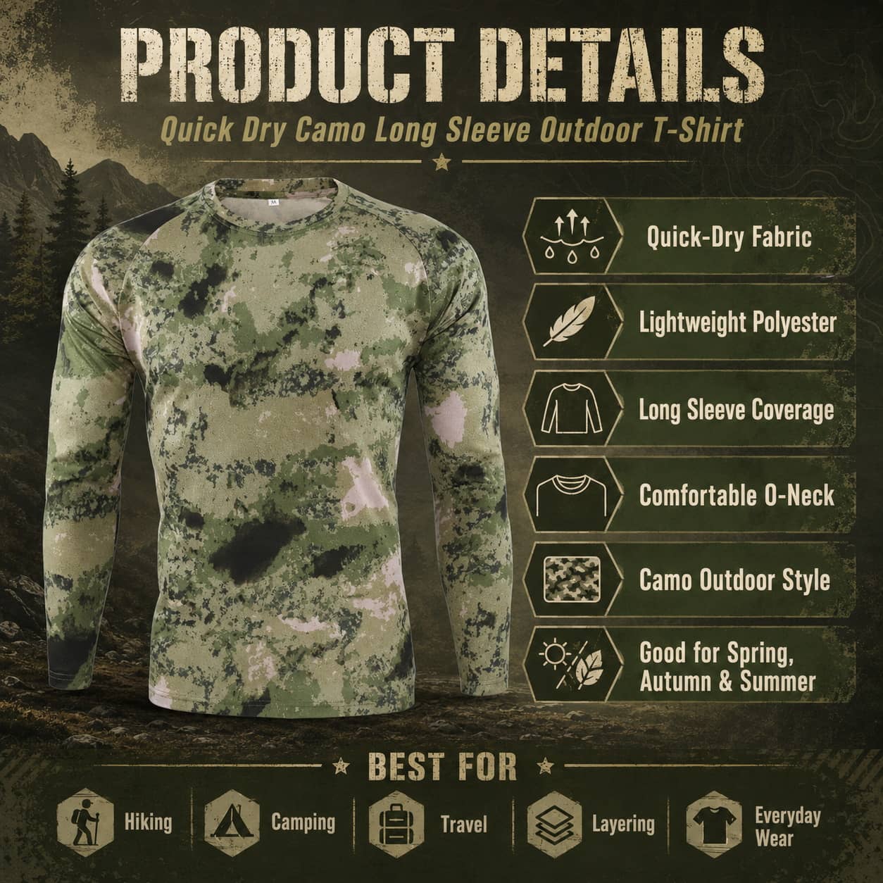 Quick Dry Camo Long Sleeve Outdoor T-Shirt in Lightweight Polyester for Everyday Wear