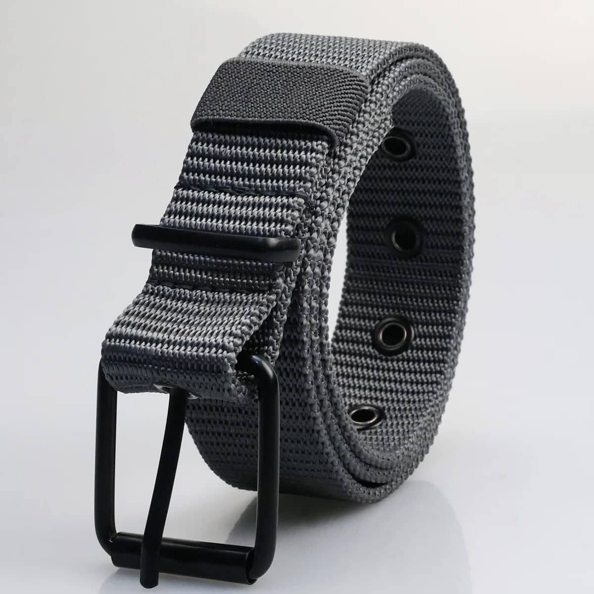 Gray quick release belt with durable strap and metal buckle for versatility