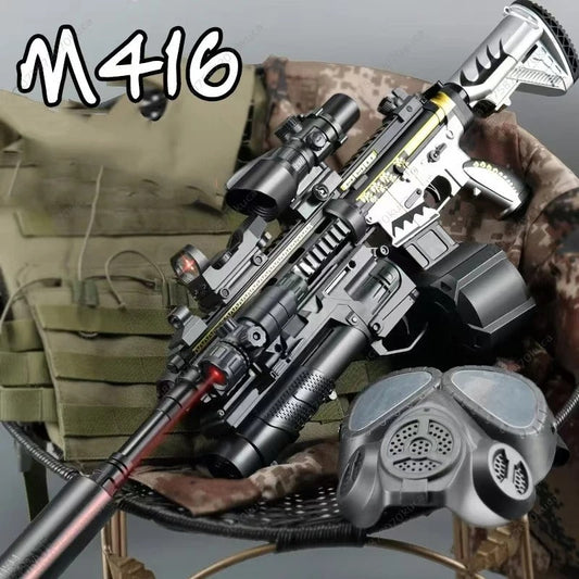 Realistic toy gun with scope displayed alongside tactical gear for outdoor play