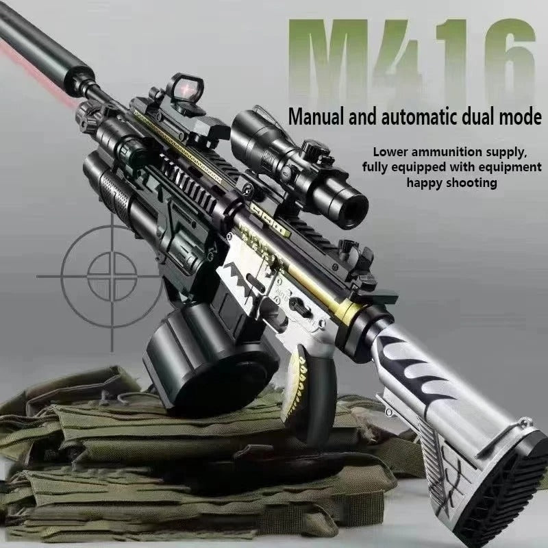 Realistic toy gun with scope in black and silver, featuring manual and automatic dual mode for enhanced play.