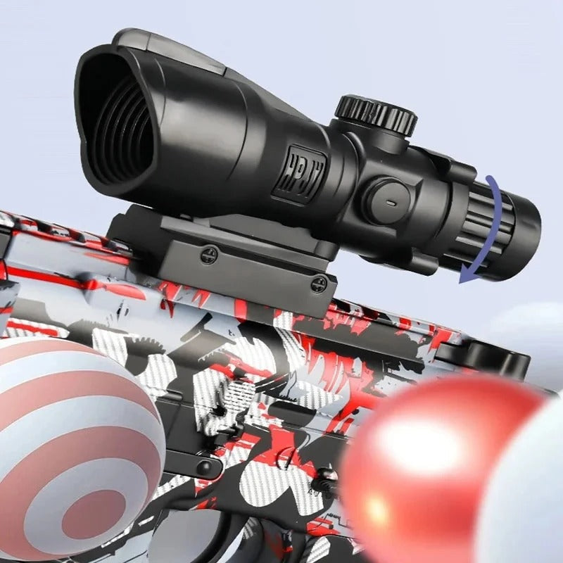Close-up of a realistic toy gun with scope featuring detailed camouflage design and adjustable lens
