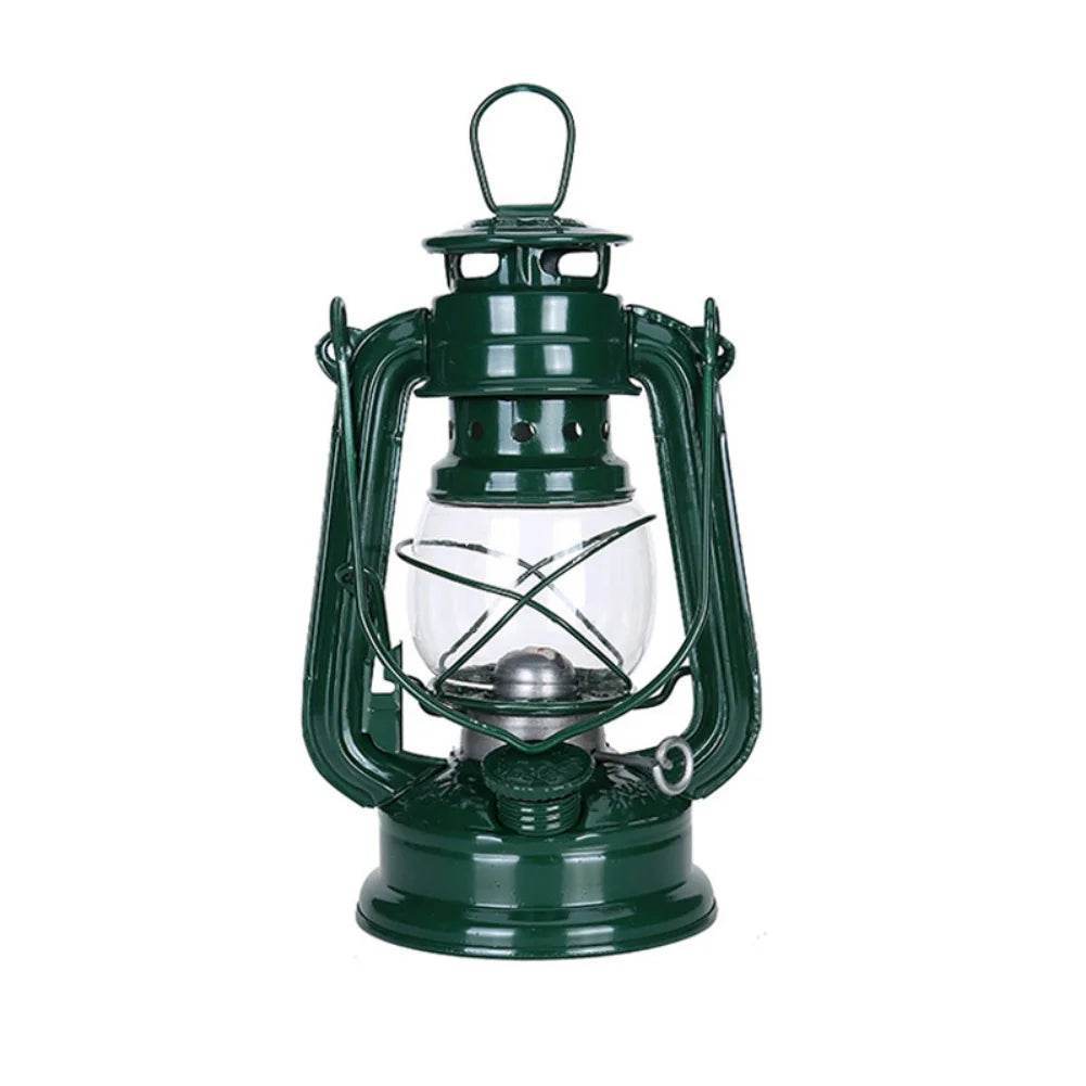 Retro Kerosene Lamp in green color, ideal for outdoor camping and hiking adventures