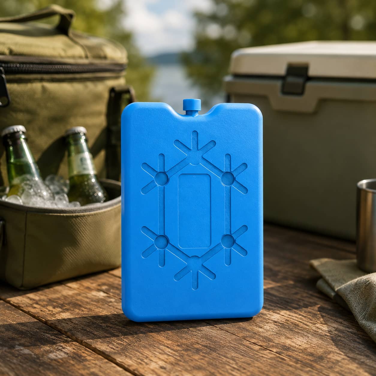 Blue cooler box with reusable ice pack for outdoor adventures
