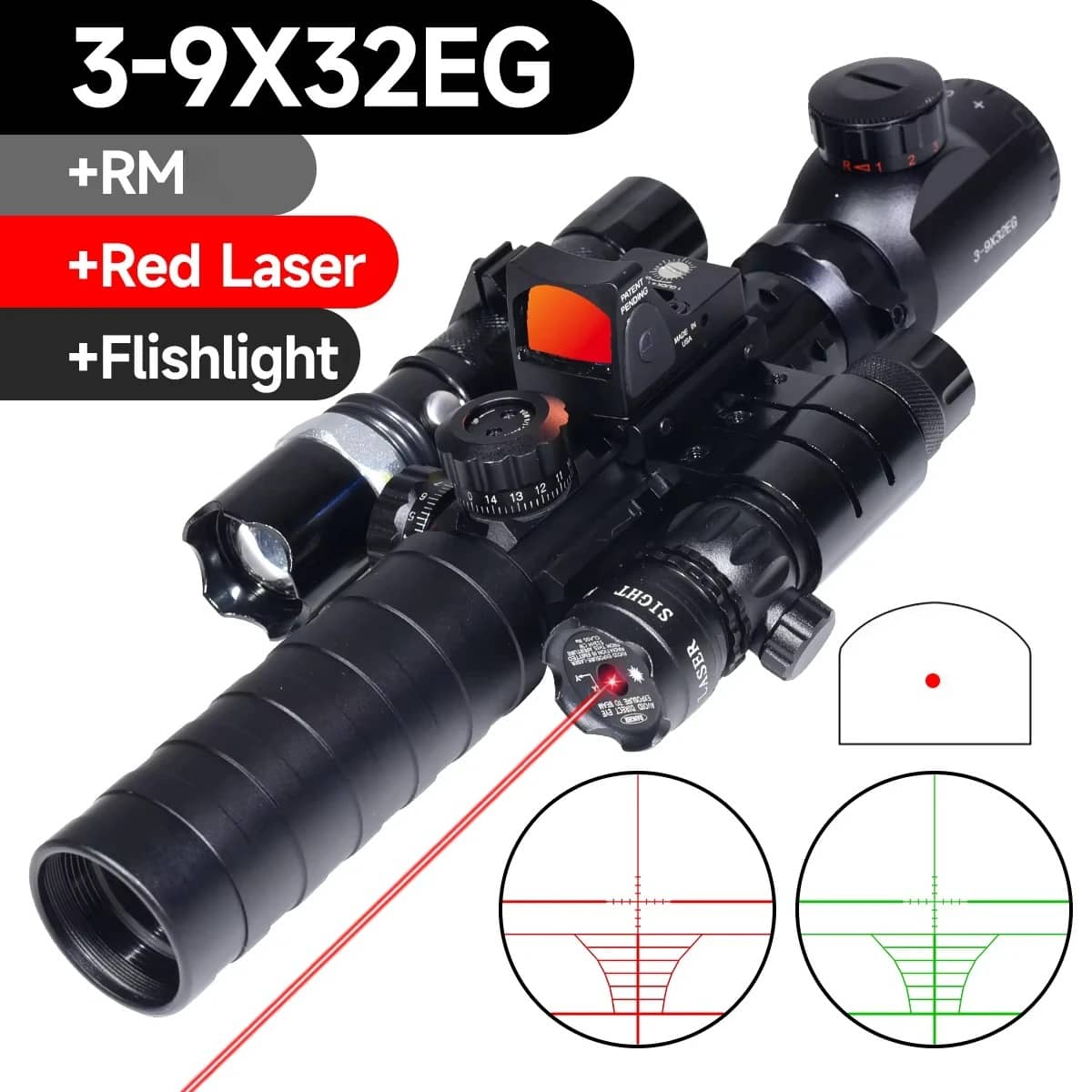 3-9x32EG rifle scope combo with red laser and flashlight for enhanced targeting
