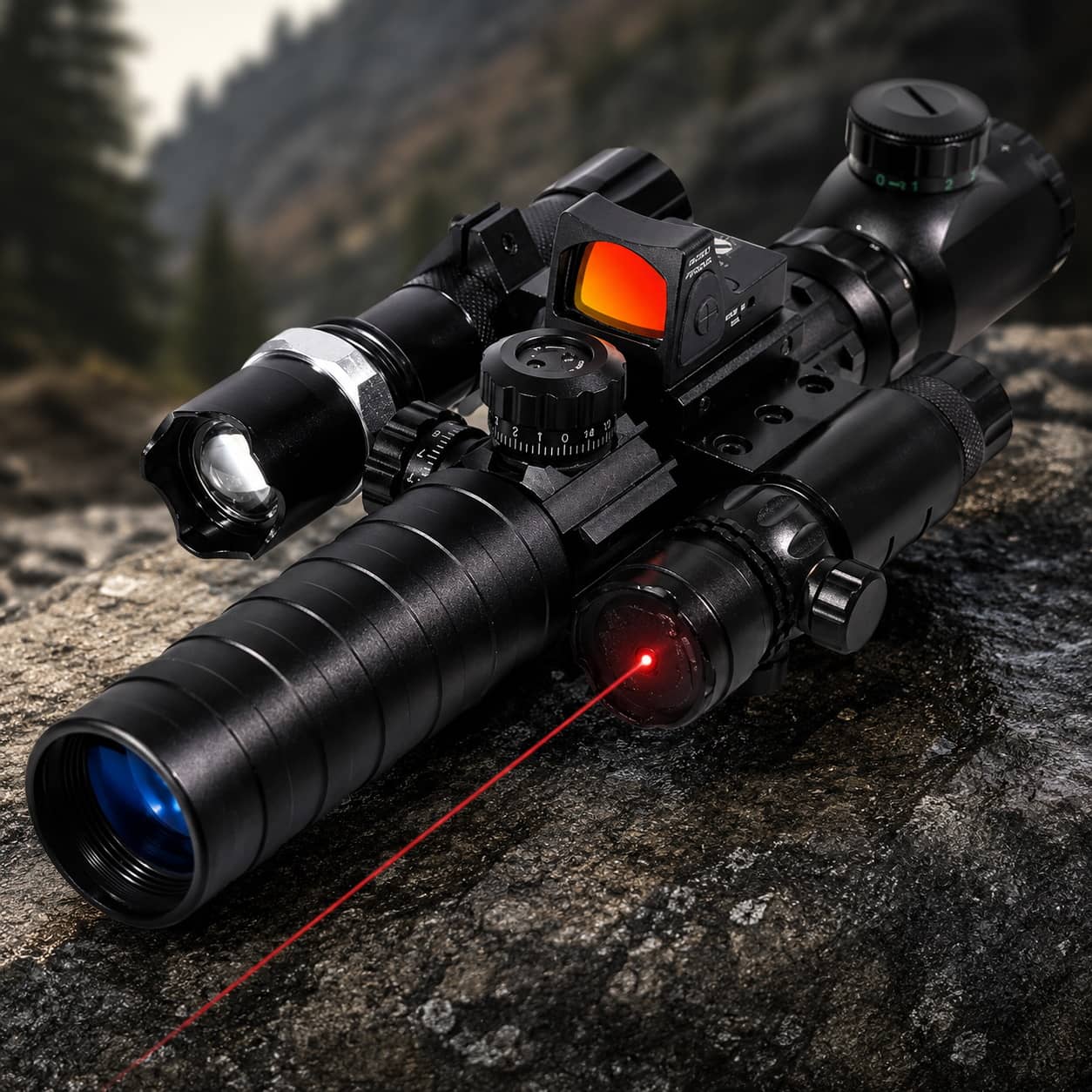 Black rifle scope combo with tactical laser and flashlight for precision targeting