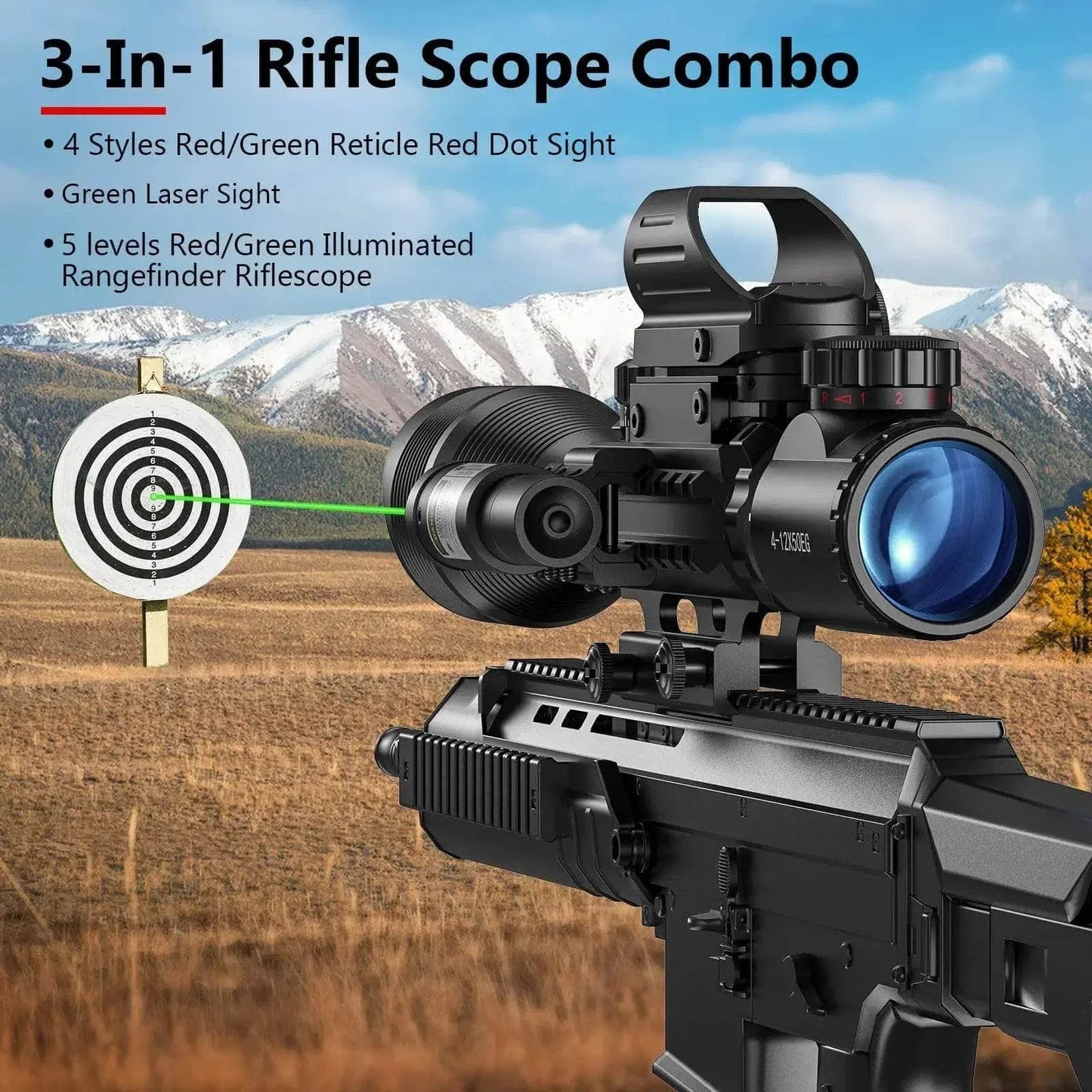 3-in-1 riflescope combo with illuminated green laser sight for outdoor shooting
