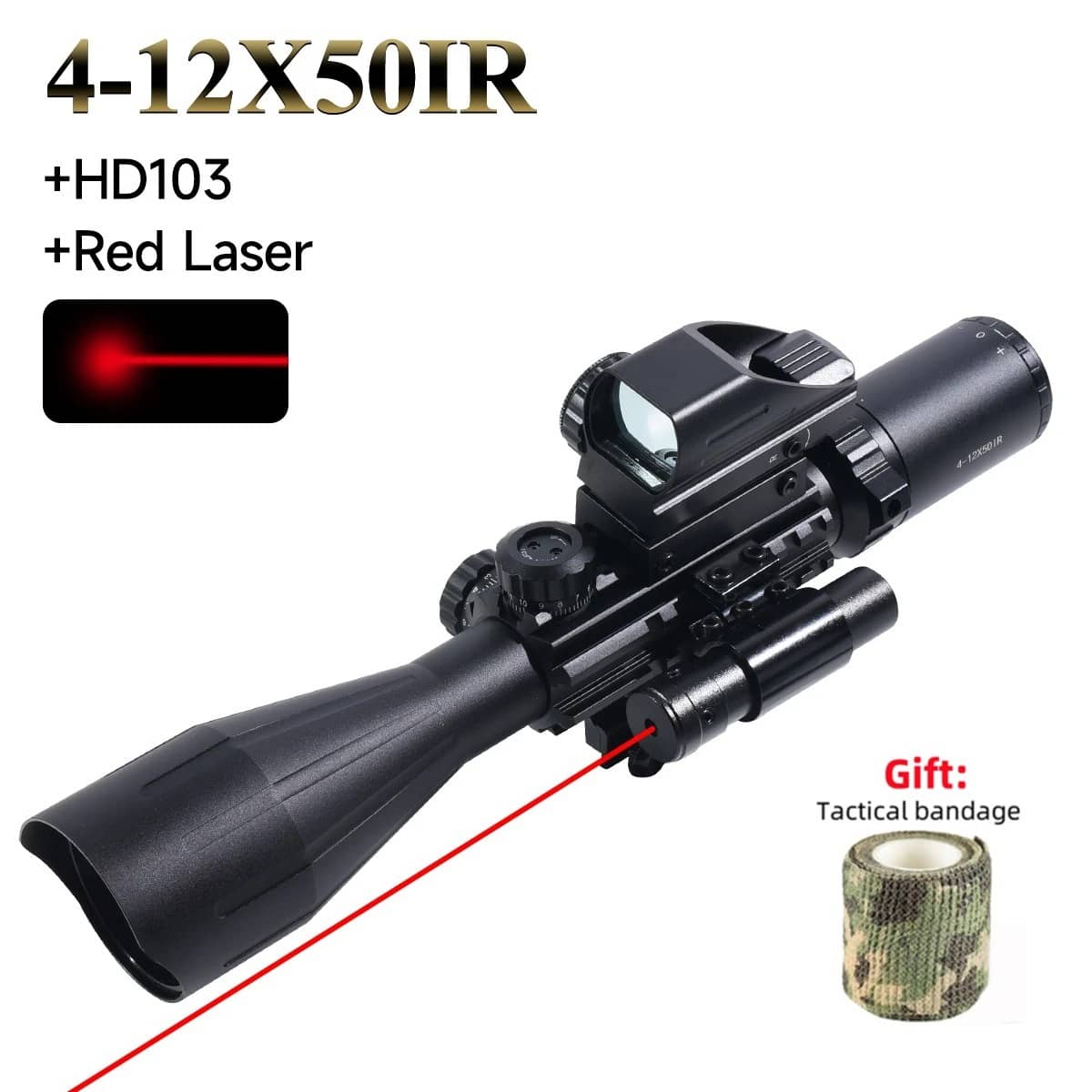 4-12X50IR Riflescope Combo with HD103 and Red Laser for precision targeting