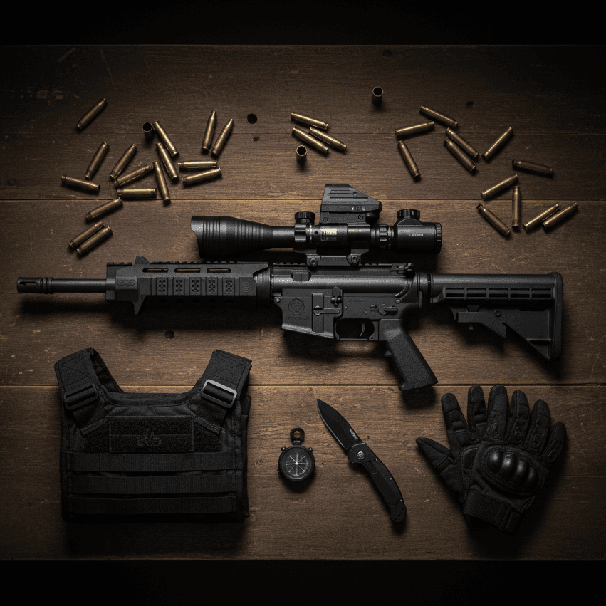 Black riflescope combo on a tactical military setup with gear and ammunition