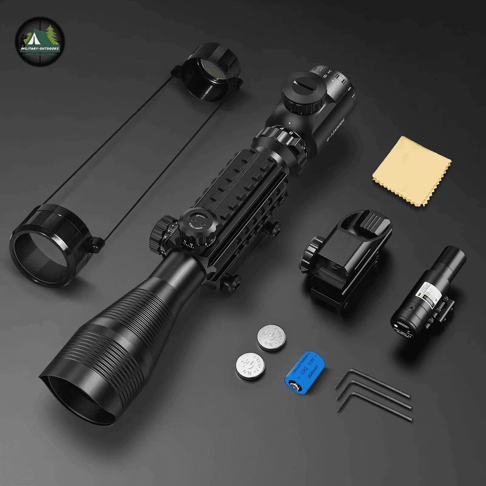 Riflescope combo in black with adjustable lens and night vision feature