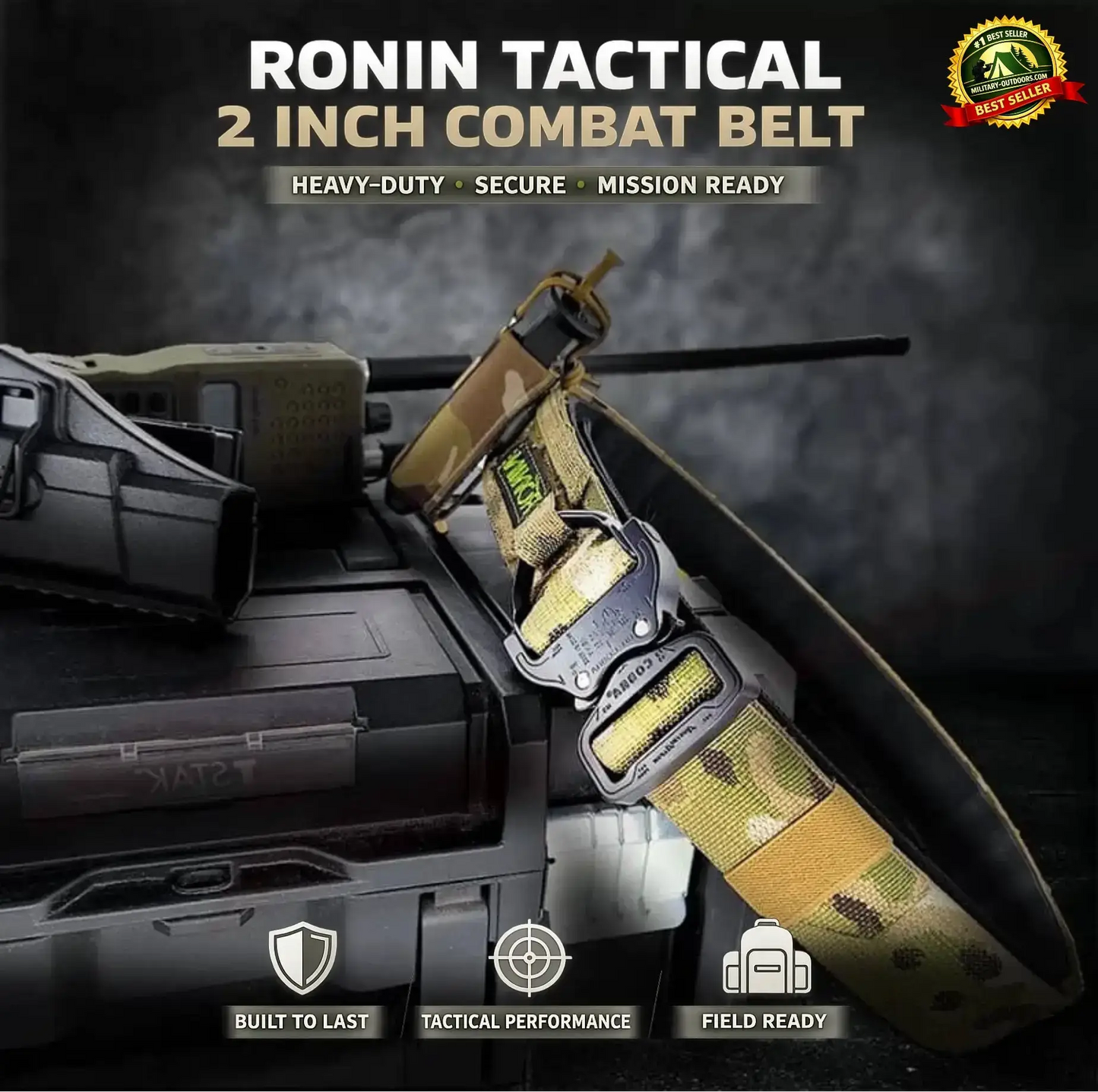 Ronin Tactical 2 Inch Combat Outdoor Belt with military equipment on a dark background