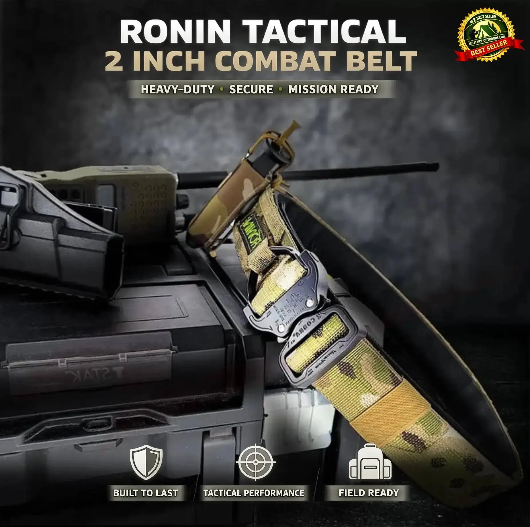 Ronin Tactical 2 Inch Combat Outdoor Belt with military equipment on a dark background