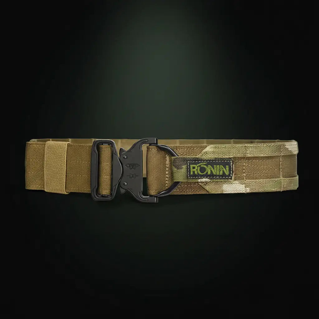 Tactical outdoor belt with a black buckle and Ronin logo on a white background