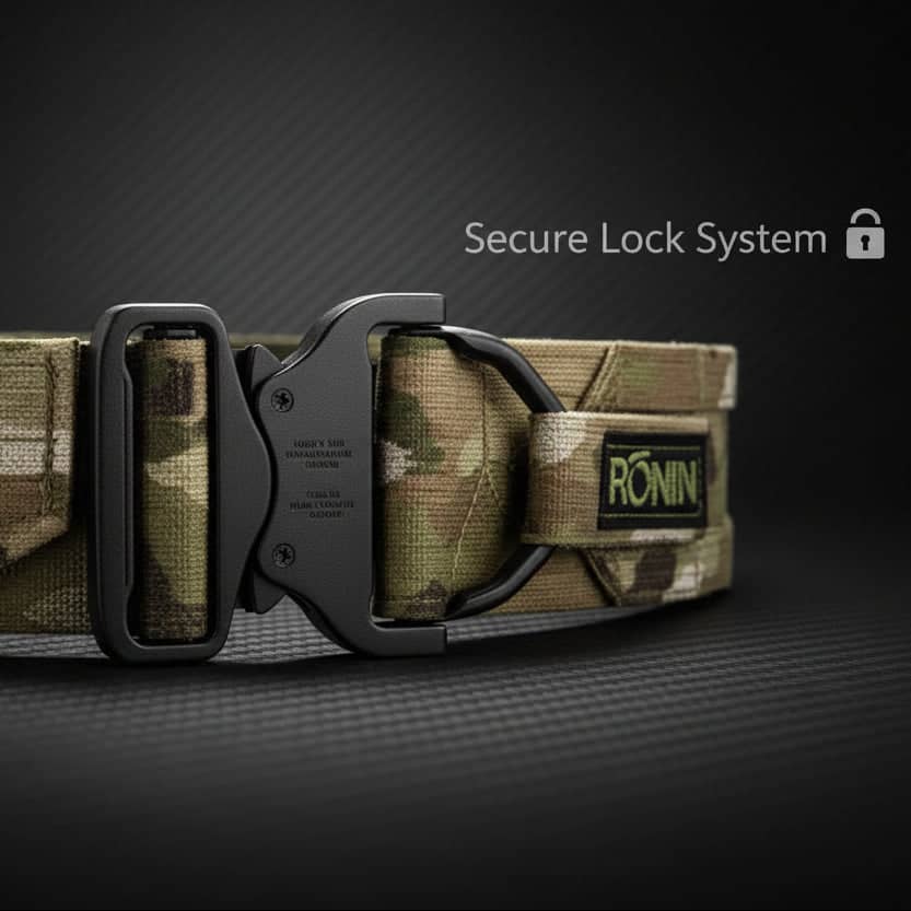 Camouflage outdoor belt with a visible brand logo on a black background
